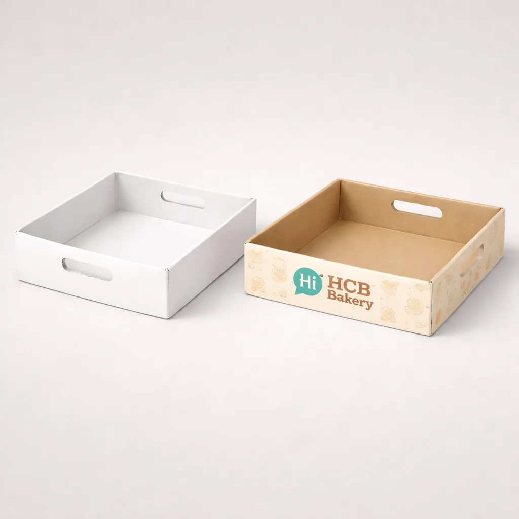 Two gabled carrier boxes with handles, one plain white and one printed with pet-themed patterns. class=